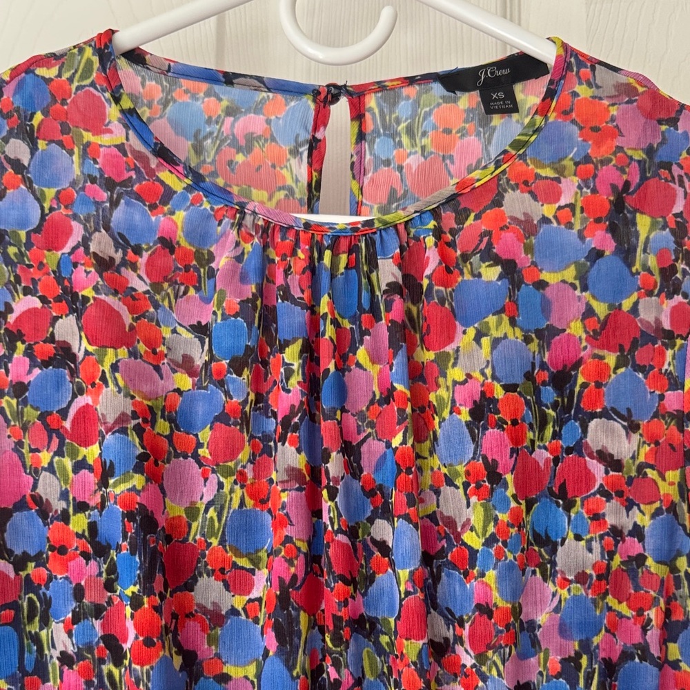 J. Crew Bright Floral Pleated Short Sleeve Blouse in Red, Blue, Pink